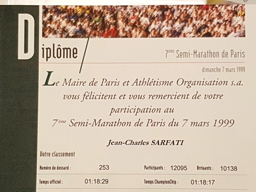 Half marathon of Paris 1999 diploma 
