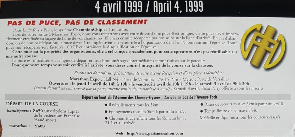 Cliquez sur l'image pour l'agrandir Pour la première fois au marathon de Paris, une puce à mettre à la chaussure et des temps mesurés précisément.